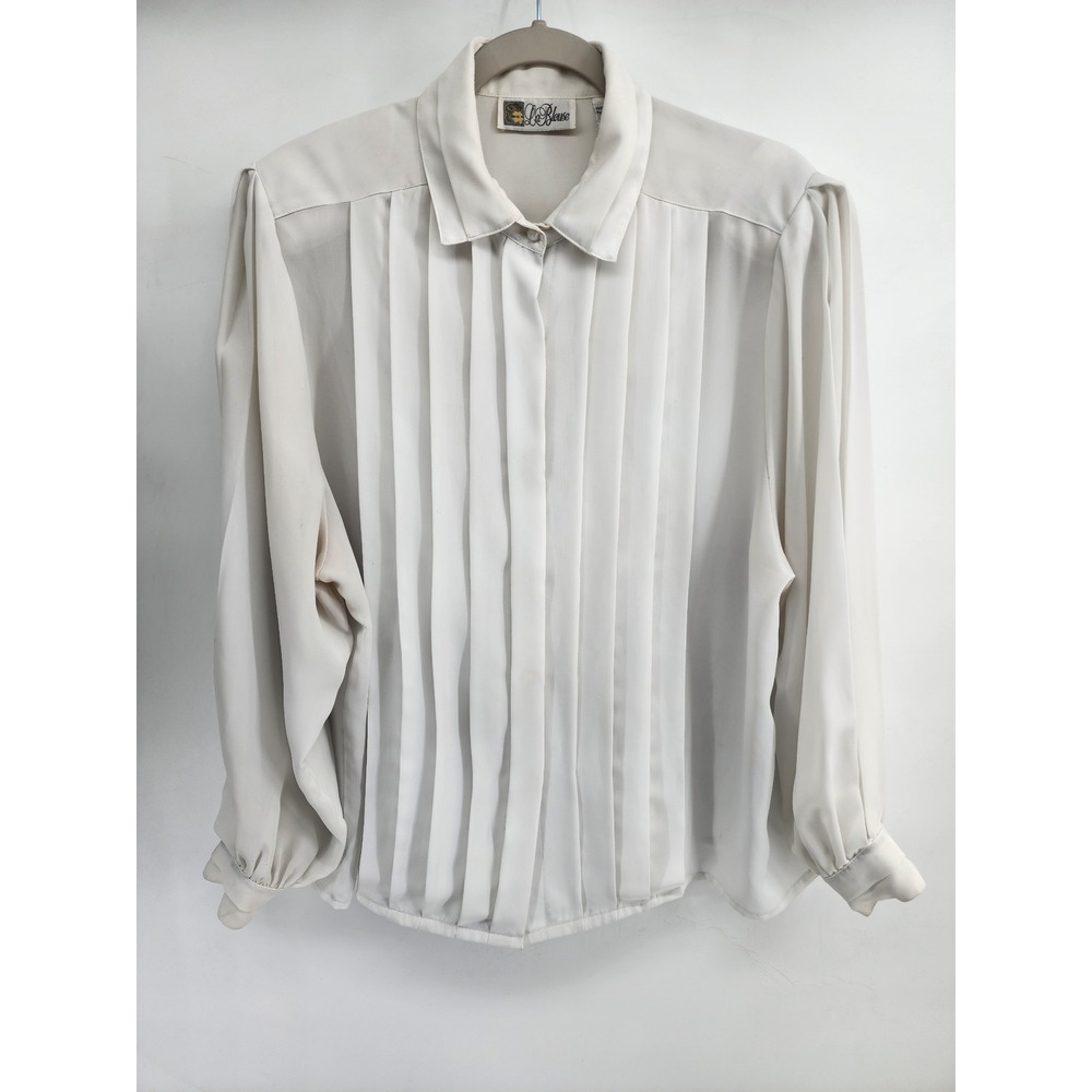 La Blouse Vintage Pleated Front Button Up Shirt Ivory Size 16